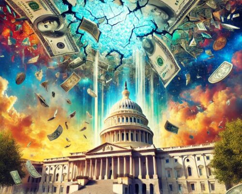 The U.S. Capitol under a cracked ceiling of fragmented dollar bills, symbolizing the debt ceiling crisis, with a dramatic sky and falling money.