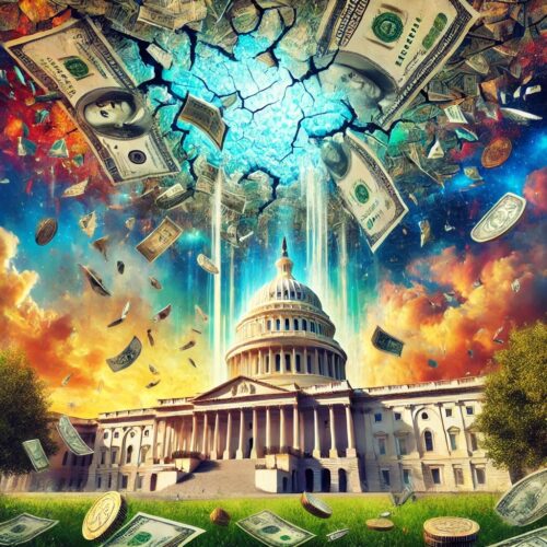 The U.S. Capitol under a cracked ceiling of fragmented dollar bills, symbolizing the debt ceiling crisis, with a dramatic sky and falling money.