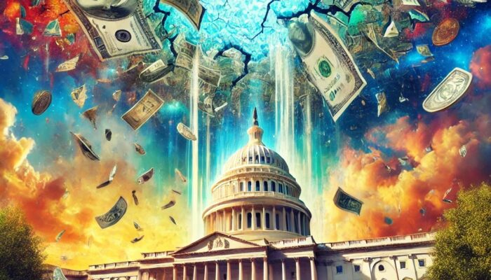 The U.S. Capitol under a cracked ceiling of fragmented dollar bills, symbolizing the debt ceiling crisis, with a dramatic sky and falling money.