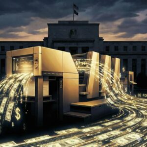 Federal Reserve building at night with a golden printing press creating a river of glowing dollar bills and the text QE FOREVER, illustrating perpetual quantitative easing and bank subsidies.