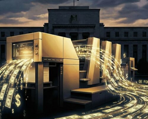 Federal Reserve building at night with a golden printing press creating a river of glowing dollar bills and the text QE FOREVER, illustrating perpetual quantitative easing and bank subsidies.