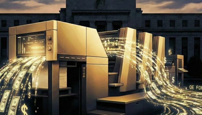 Federal Reserve building at night with a golden printing press creating a river of glowing dollar bills and the text QE FOREVER, illustrating perpetual quantitative easing and bank subsidies.