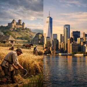 Split image comparing a medieval feudal farming village with modern Wall Street skyscrapers, illustrating how economic systems evolve and eventually collapse