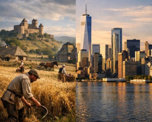 Split image comparing a medieval feudal farming village with modern Wall Street skyscrapers, illustrating how economic systems evolve and eventually collapse