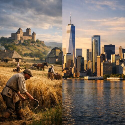 Split image comparing a medieval feudal farming village with modern Wall Street skyscrapers, illustrating how economic systems evolve and eventually collapse