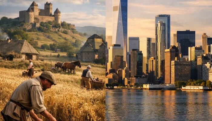 Split image comparing a medieval feudal farming village with modern Wall Street skyscrapers, illustrating how economic systems evolve and eventually collapse