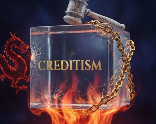 Translucent glass cube labeled “CREDITISM” cracking under pressure from a red dragon, broken gavel, rising flames, and golden chains, symbolizing geopolitical rivalry with China, inflation, political risk, and elite power.