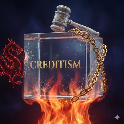 Translucent glass cube labeled “CREDITISM” cracking under pressure from a red dragon, broken gavel, rising flames, and golden chains, symbolizing geopolitical rivalry with China, inflation, political risk, and elite power.