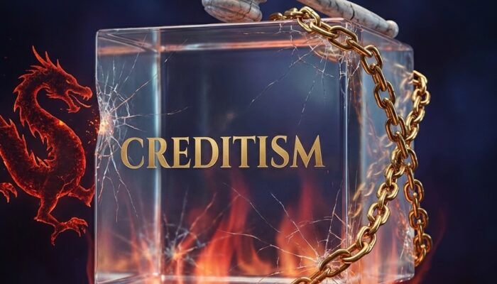 Translucent glass cube labeled “CREDITISM” cracking under pressure from a red dragon, broken gavel, rising flames, and golden chains, symbolizing geopolitical rivalry with China, inflation, political risk, and elite power.