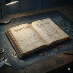 Open book labeled “Creditism” overlaid with blueprint diagrams symbolizing the re-engineering of the modern credit-based economic system