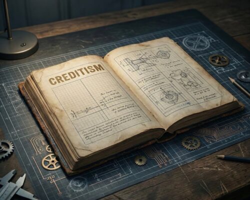 Open book labeled “Creditism” overlaid with blueprint diagrams symbolizing the re-engineering of the modern credit-based economic system