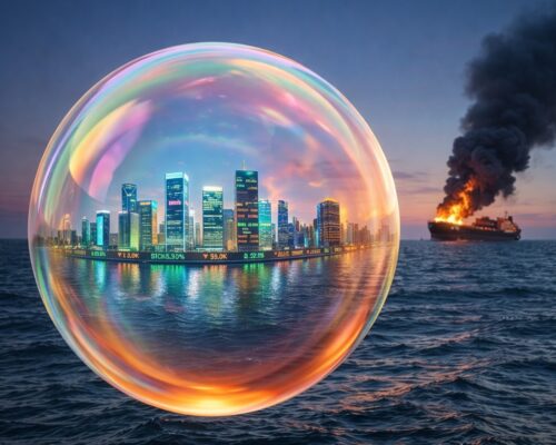 Asset price bubble with city skyline threatened by war-driven inflation and rising interest rates as oil tanker burns in background