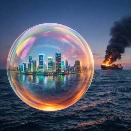 Asset price bubble with city skyline threatened by war-driven inflation and rising interest rates as oil tanker burns in background