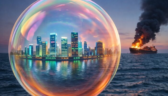 Asset price bubble with city skyline threatened by war-driven inflation and rising interest rates as oil tanker burns in background