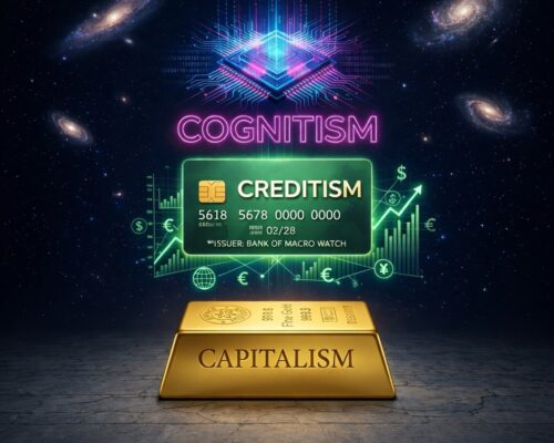 Illustration showing the evolution from Capitalism to Creditism to Cognitism, with a gold bar labeled Capitalism at the bottom, a green Creditism card in the middle, and a glowing AI semiconductor chip labeled Cognitism at the top against a cosmic background.