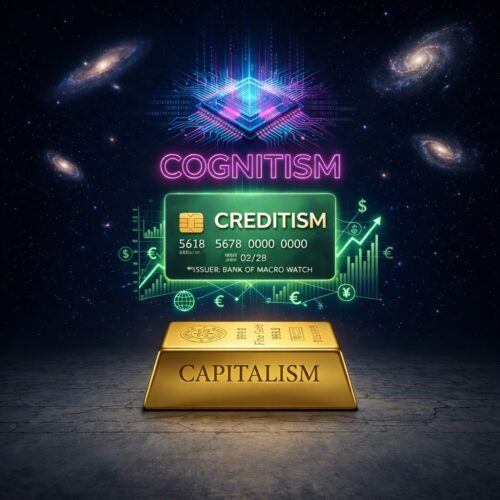 Illustration showing the evolution from Capitalism to Creditism to Cognitism, with a gold bar labeled Capitalism at the bottom, a green Creditism card in the middle, and a glowing AI semiconductor chip labeled Cognitism at the top against a cosmic background.