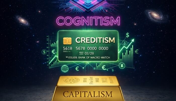 Illustration showing the evolution from Capitalism to Creditism to Cognitism, with a gold bar labeled Capitalism at the bottom, a green Creditism card in the middle, and a glowing AI semiconductor chip labeled Cognitism at the top against a cosmic background.