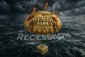 Golden parachute labeled “Wealth $184 Trillion” burning under inflation and war above stormy ocean labeled recession
