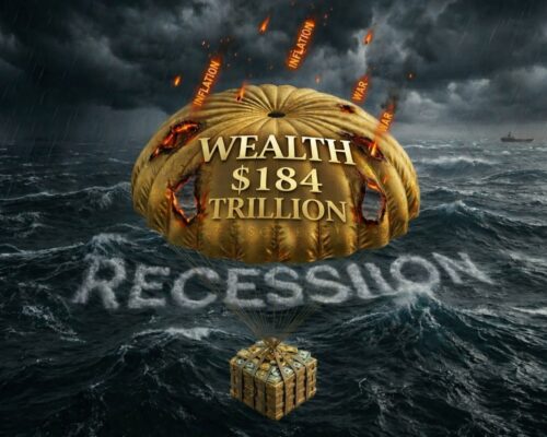 Golden parachute labeled “Wealth $184 Trillion” burning under inflation and war above stormy ocean labeled recession