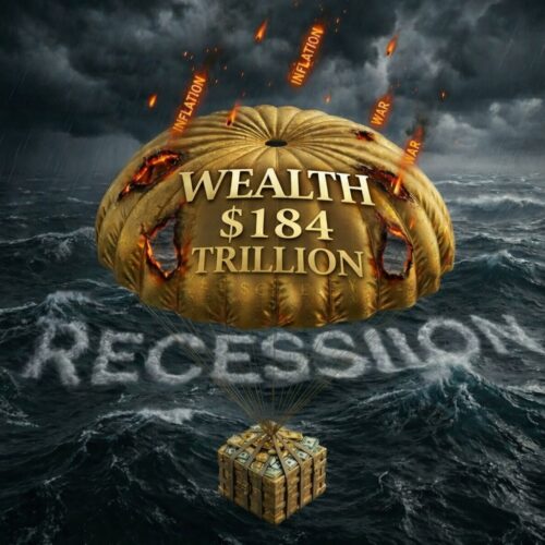 Golden parachute labeled “Wealth $184 Trillion” burning under inflation and war above stormy ocean labeled recession