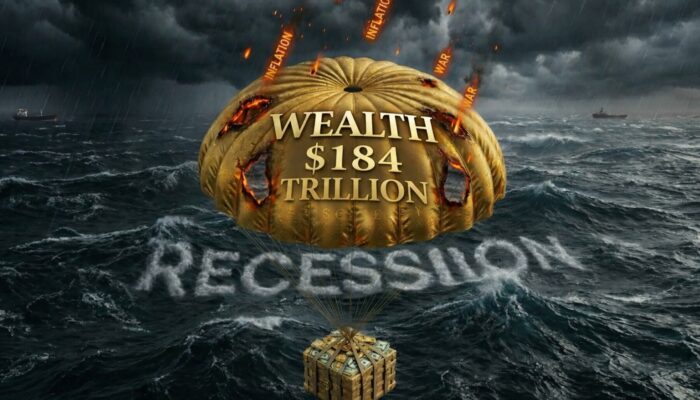 Golden parachute labeled “Wealth $184 Trillion” burning under inflation and war above stormy ocean labeled recession
