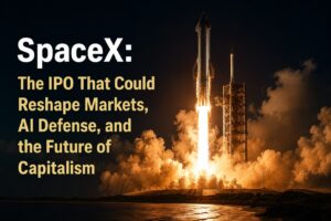 SpaceX Starship rocket launching at night with flames and smoke illuminating the launch pad beside the title “The IPO That Could Reshape Markets, AI, Defense, and the Future of Capitalism.”