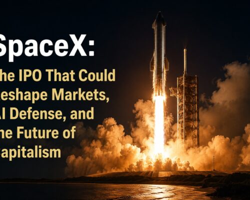 SpaceX Starship rocket launching at night with flames and smoke illuminating the launch pad beside the title “The IPO That Could Reshape Markets, AI, Defense, and the Future of Capitalism.”