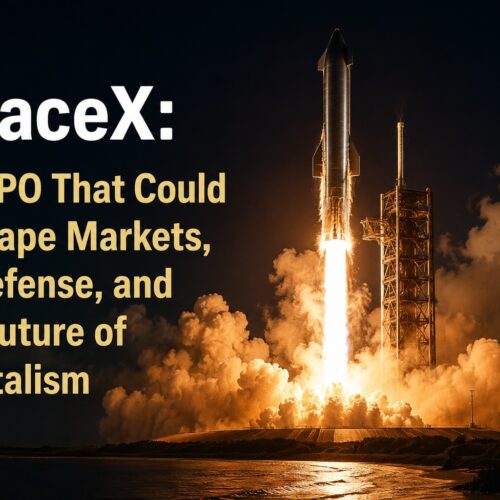 SpaceX Starship rocket launching at night with flames and smoke illuminating the launch pad beside the title “The IPO That Could Reshape Markets, AI, Defense, and the Future of Capitalism.”