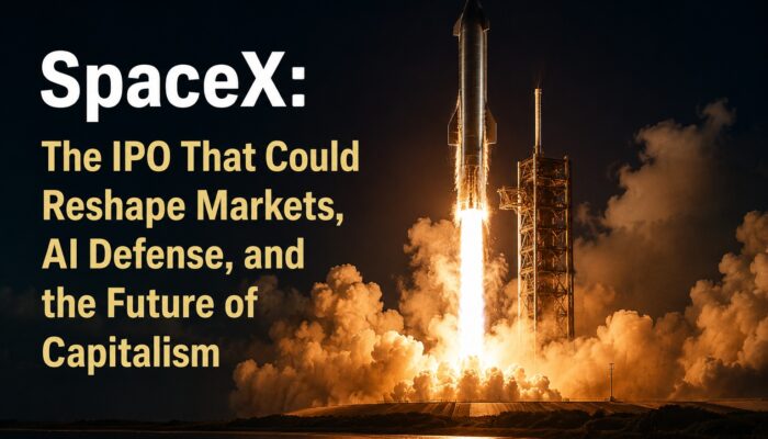 SpaceX Starship rocket launching at night with flames and smoke illuminating the launch pad beside the title “The IPO That Could Reshape Markets, AI, Defense, and the Future of Capitalism.”