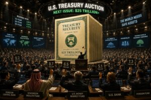 A vast futuristic auction hall where global investors bid on massive amounts of US Treasury debt beneath glowing financial screens.