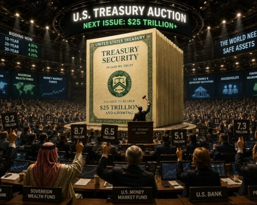 A vast futuristic auction hall where global investors bid on massive amounts of US Treasury debt beneath glowing financial screens.