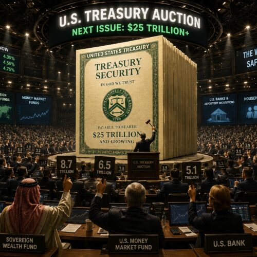 A vast futuristic auction hall where global investors bid on massive amounts of US Treasury debt beneath glowing financial screens.