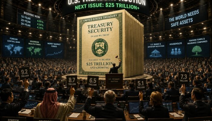 A vast futuristic auction hall where global investors bid on massive amounts of US Treasury debt beneath glowing financial screens.