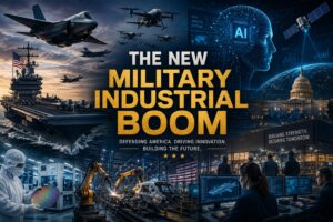Collage illustrating the new defense spending boom, featuring AI systems, semiconductors, drones, aircraft carriers, advanced manufacturing, robotics, satellites, and the growing integration of technology and national security.