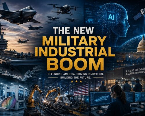 Collage illustrating the new defense spending boom, featuring AI systems, semiconductors, drones, aircraft carriers, advanced manufacturing, robotics, satellites, and the growing integration of technology and national security.