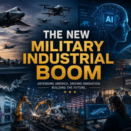 Collage illustrating the new defense spending boom, featuring AI systems, semiconductors, drones, aircraft carriers, advanced manufacturing, robotics, satellites, and the growing integration of technology and national security.