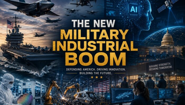 Collage illustrating the new defense spending boom, featuring AI systems, semiconductors, drones, aircraft carriers, advanced manufacturing, robotics, satellites, and the growing integration of technology and national security.