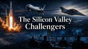 Image showing a rocket launch, military drones, a stealth aircraft, and defense command screens with the title The Silicon Valley Challengers.