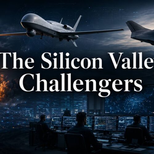 Image showing a rocket launch, military drones, a stealth aircraft, and defense command screens with the title The Silicon Valley Challengers.