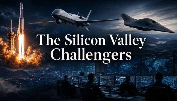 Image showing a rocket launch, military drones, a stealth aircraft, and defense command screens with the title The Silicon Valley Challengers.