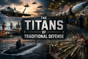 Collage featuring fighter aircraft, naval shipbuilding, missile production, and a submarine representing America’s traditional defense contractors.