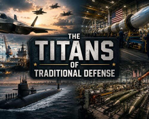 Collage featuring fighter aircraft, naval shipbuilding, missile production, and a submarine representing America’s traditional defense contractors.