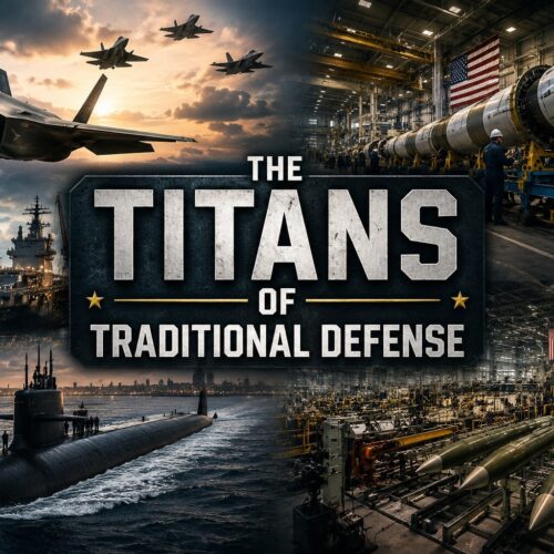 Collage featuring fighter aircraft, naval shipbuilding, missile production, and a submarine representing America’s traditional defense contractors.
