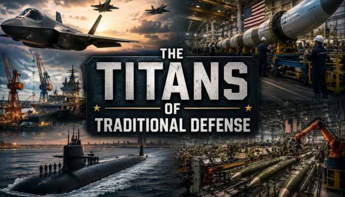 Collage featuring fighter aircraft, naval shipbuilding, missile production, and a submarine representing America’s traditional defense contractors.