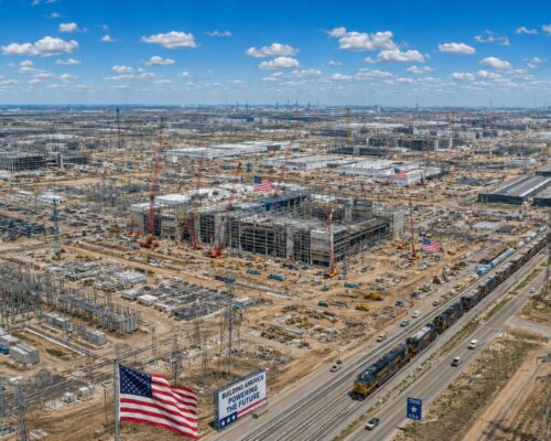 Massive AI infrastructure construction in the United States showing data centers, electrical substations, transmission lines, and semiconductor manufacturing facilities supporting the AI arms race.