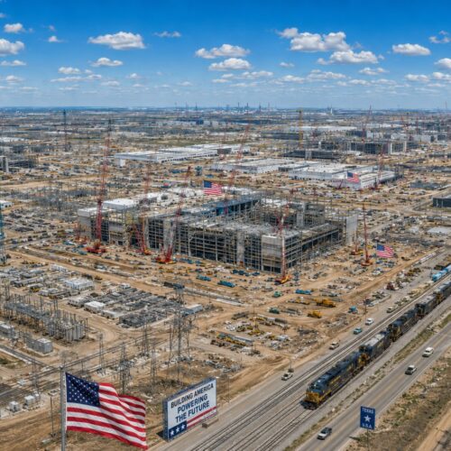 Massive AI infrastructure construction in the United States showing data centers, electrical substations, transmission lines, and semiconductor manufacturing facilities supporting the AI arms race.