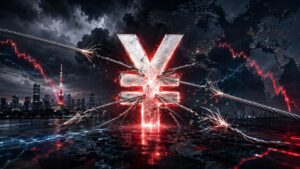 Cracking yen symbol bound by snapping cables above Tokyo and falling global market charts, representing the risk of a yen carry-trade unwind.