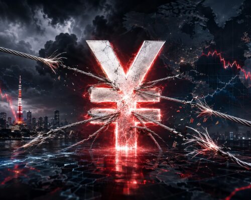 Cracking yen symbol bound by snapping cables above Tokyo and falling global market charts, representing the risk of a yen carry-trade unwind.