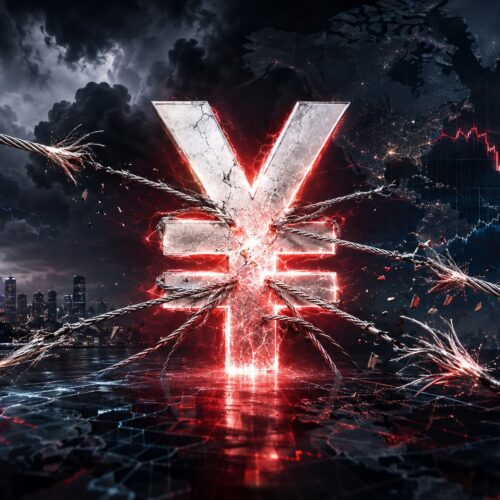 Cracking yen symbol bound by snapping cables above Tokyo and falling global market charts, representing the risk of a yen carry-trade unwind.