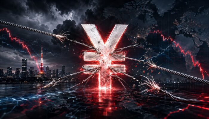 Cracking yen symbol bound by snapping cables above Tokyo and falling global market charts, representing the risk of a yen carry-trade unwind.